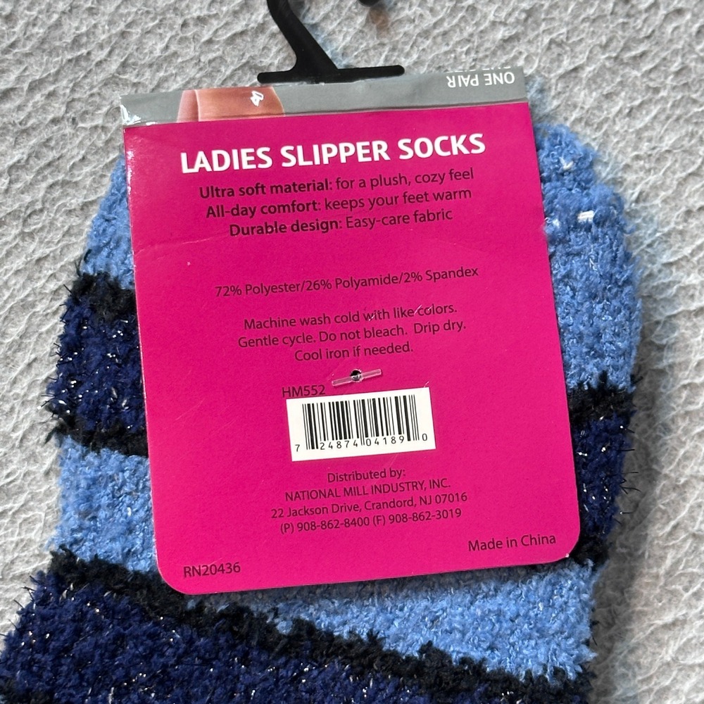 Comfy Lifestyle Slipper Socks Womens OS Blue Striped Glitter Fuzzy Plush Cozy - Picture 3 of 4